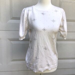 Love Scarlett Sweater Womens S Ivory Silver Snowflake Short Puff Sleeve Feminine